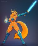  2020 absurd_res anthro armor armwear big_breasts blue_eyes boots breastplate breasts butt butt_from_the_front clothed clothing elbow_gloves equid equine female footwear fur gloves handwear hi_res hooves horse legwear looking_away magic mammal melee_weapon navel open_mouth orange_body orange_fur paladin pinup pose simple_background skimpy skimpy_armor solo standing sword teeth tongue weapon wide_hips zkelle 