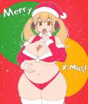  1girl belly bikini blonde_hair breasts champchidi chocolate_chip_cookie cleavage cookie cowboy_shot detached_sleeves eating food food_between_breasts fur-trimmed_sleeves fur_collar fur_trim hand_on_own_stomach hand_up hat headphones highres holding holding_food huge_breasts large_breasts looking_at_viewer merry_christmas navel nitroplus open_mouth orange_eyes outline plump red_bikini red_hat red_shrug red_sleeves santa_bikini santa_costume santa_hat sleeveless_shrug smile snow snowing solo super_pochaco swimsuit teeth thick_thighs thighhighs thighs twintails underboob upper_teeth_only white_outline white_thighhighs 