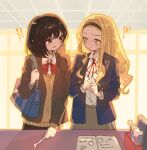  2girls bag black_hair black_hairband blonde_hair bow bowtie brown_eyes brown_jacket brown_sweater_vest closed_mouth collared_shirt drawing_(object) grey_jacket hairband hanana_(ymbk_sb) highres holding holding_pen holding_strap indoors jacket kirarazaka_marina kuze_shizuka long_hair long_sleeves looking_at_another looking_to_the_side medium_hair multiple_girls neck_ribbon nervous open_clothes open_jacket open_mouth pen pleated_skirt red_bow red_bowtie red_ribbon ribbon scar scene_reference school_bag school_uniform shirt shoulder_bag skirt smile spoilers standing sweat sweater_vest takopii_no_genzai white_shirt yellow_eyes 