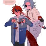  ... 2boys ahoge alternate_body_fluid aotsuki_eito black_gloves black_pants black_streaks blood_on_gloves blood_on_toy blue_eyes blue_jacket candy_gore character_doll crushing doll entrails glasses gloves grey_eyes grey_hair grey_jacket highres holding holding_stuffed_toy hood hoodie impaled injury jacket jacket_over_hoodie male_focus mint1618680 multicolored_hair multicolored_jacket multiple_boys organs pants red_hair scythe short_hair simple_background speech_bubble spoilers streaked_hair stuffed_toy stuffing sumino_takumi sword the_hundred_line_-last_defense_academy- torn two-tone_jacket weapon white_background white_hoodie white_jacket white_pants 