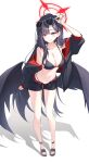  1girl absurdres bare_shoulders bikini black_bikini black_hair black_jacket black_sandals black_shorts black_wings blue_archive blue_eyes blush breasts eyewear_on_head feathered_wings grin hair_behind_ear halo highres ichika_(blue_archive) ichika_(swimsuit)_(blue_archive) jacket large_breasts long_hair navel official_alternate_costume red_halo sandals shorts smile solo stomach sunglasses swimsuit toes wings yaho_(a01085748817) 