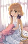  1girl ahoge bangs bare_arms bare_shoulders barefoot blonde_hair blue_bow blush bow brown_eyes commentary_request curtains damaged day dress eyebrows_visible_through_hair futaba_anzu hair_between_eyes hair_bow highres holding holding_stuffed_toy idolmaster idolmaster_cinderella_girls indoors long_hair looking_at_viewer low_twintails open_mouth ryokucha_manma sitting sleeveless sleeveless_dress solo stuffed_animal stuffed_bunny stuffed_toy sweat transparent twintails very_long_hair wariza wavy_mouth white_dress window 