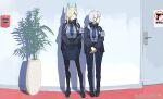  2girls animal_ear_fluff animal_ears armband black_gloves black_pantyhose black_shoes blonde_hair blue_archive blue_halo blue_necktie blue_pants blue_shirt blue_skirt breasts character_request clich51368861 collared_shirt dog_ears dog_girl door extra_ears full_body gloves hair_over_one_eye halo highres indoors kanna_(blue_archive) long_hair long_sleeves looking_to_the_side multiple_girls necktie own_hands_together pants pantyhose police police_uniform policewoman purple_armband shadow shirt shoes sign skirt standing twitter_username 