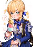  1girl ahoge aqua_eyes armor artoria_pendragon_(fate) blonde_hair blue_bow blue_bowtie blue_dress bow bowtie braid breasts buttons checkered_background cleavage_cutout closed_mouth clothing_cutout commentary_request cowboy_shot dress eating fate/stay_night fate/unlimited_blade_works fate_(series) fingernails food frills gold_trim hair_between_eyes hair_bow hands_up highres holding holding_food holding_ice_cream holding_ice_cream_cone honkai:_star_rail honkai_(series) huge_ahoge ice_cream ice_cream_cone juliet_sleeves long_sleeves looking_at_viewer mandarin_collar medium_breasts mogumogu_096 musical_note puffy_sleeves saber_(fate) saber_(honkai:_star_rail)_(fate) short_hair shoulder_armor sidelocks solo sparkle sparkling_eyes speech_bubble spoken_musical_note standing two-tone_dress white_background white_dress 
