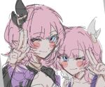  2girls ;) bare_shoulders blush_stickers coat commentary company_connection cyrene_(honkai:_star_rail) elysia_(honkai_impact) elysia_(miss_pink_elf)_(honkai_impact) ff_kahr20 hair_ornament honkai:_star_rail honkai_(series) honkai_impact_3rd inoue_marina long_hair looking_at_viewer multicolored_hair multiple_girls one_eye_closed pink_hair purple_coat short_hair shrug_(clothing) simple_background smile symbol-only_commentary two-tone_hair upper_body voice_actor_connection white_background white_hair yanning 