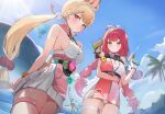  2girls absurdres alice_thymefield alice_thymefield_(sea_of_thyme) animal_ears bangboo_(zenless_zone_zero) beach blonde_hair blue_sky blush casual_one-piece_swimsuit closed_mouth cloud cloudy_sky commentary_request day eous_(zenless_zone_zero) eyewear_on_head green_eyes heart heart-shaped_eyewear heterochromia highres holding holding_water_gun korean_commentary loloco long_hair looking_at_viewer low_twintails multiple_girls official_alternate_costume one-piece_swimsuit orange_eyes outdoors palm_leaf palm_tree pink_one-piece_swimsuit rabbit_ears rabbit_girl red_eyes red_hair sky swimsuit tanuki tree twintails ukinami_yuzuha ukinami_yuzuha_(tanuki_in_broad_daylight) water_gun white_one-piece_swimsuit zenless_zone_zero 