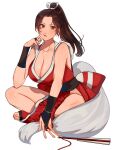  1girl bare_legs bare_shoulders black_sash blush breasts brown_eyes brown_hair cheek_press cleavage closed_mouth collarbone commentary elbow_rest fatal_fury finger_to_cheek folded_fan folding_fan full_body hair_ornament hand_fan high_ponytail highres indian_style large_breasts lipstick long_hair looking_at_viewer makeup mimibu22 motoyui ninja parted_bangs pelvic_curtain ponytail red_lips revealing_clothes sash shiranui_mai sitting solo the_king_of_fighters white_background 