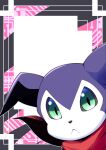  abstract_background bandana bandana_around_neck digimon digimon_(creature) green_eyes highres impmon looking_at_viewer mitosupa_(qsiqydfz7nesh9w) no_humans portrait purple_fur red_bandana solo 