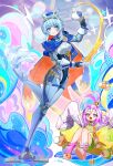  2girls aino_(genshin_impact) android blue_cape blue_eyes blue_hair cape coat cup full_body genshin_impact green_shirt highres holding holding_teapot ineffa_(genshin_impact) joints medium_hair multiple_girls open_mouth pink_hair purple_eyes red_cape robot robot_ears robot_girl robot_joints shirt sidelocks socks standing standing_on_one_leg tea teacup teapot two-sided_cape two-sided_fabric very_long_sleeves viviwi white_coat 