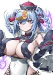  +_+ 1girl absurdres astral_party blue_hair braid braided_hair_rings breast_curtains breasts cleavage commentary covered_navel criss-cross_strings cross-shaped_pupils detached_sleeves double_bun fish_skeleton_hair_ornament frilled_sleeves frills haiqing_(astral_party) hair_between_eyes hair_bun hair_ornament hair_rings hands_up hat highres hitodama jiangshi_costume large_breasts long_hair long_sleeves looking_ahead official_alternate_costume ofuda ofuda_on_head open_mouth pink_eyes qingdai_guanmao side-tie_peek sideboob sidelocks simple_background sleeves_past_fingers sleeves_past_wrists solo symbol-shaped_pupils tassel tassel_hair_ornament underboob white_background wide_sleeves yukki_(uuws4345) 