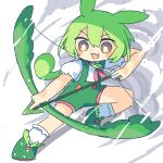  1girl :3 :d animal_ears arrow_(projectile) ayakashi_(monkeypanch) blush_stickers bow_(weapon) bright_pupils commentary double-parted_bangs full_body green_hair green_shoes green_shorts hair_between_eyes highres holding holding_bow_(weapon) holding_weapon long_hair neck_ribbon open_mouth pink_ribbon ribbon shirt shoes short_sleeves shorts smile socks solo suspender_shorts suspenders voicevox weapon white_pupils white_shirt white_socks yellow_eyes zundamon 