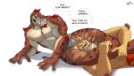 2020 anthro barazoku bulge chokehold clothing dialogue dinosaur duo english_text felid head_between_thighs hi_res lion looking_at_viewer lying male mammal muscular muscular_anthro muscular_male naschethelion on_side open_mouth pantherine pecs reptile scalie simple_background speedo swimwear talking_to_viewer text thank_you white_background wrestling 