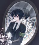  1boy armband bags_under_eyes black_butterfly black_coat black_eyes black_hair black_necktie black_vest broken_mirror bug buhuaixiaoguai butterfly butterfly_on_hand coat collared_shirt double-parted_bangs e.g.o_(project_moon) gloves glowing green_armband hair_between_eyes hand_up highres light_frown limbus_company male_focus mirror monarch_butterfly necktie project_moon reflection shirt short_hair solemn_lament_(e.g.o) solo too_many too_many_butterflies upper_body vest white_butterfly white_gloves white_shirt yi_sang_(project_moon) 