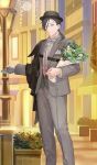  1boy bouquet bow bowtie brown_hair closed_mouth commentary_request fate/grand_order fate_(series) feet_out_of_frame formal_clothes game_cg glasses green_vest grey_eyes grey_hat grey_jacket grey_pants hair_between_eyes hair_over_shoulder hand_up hat holding holding_bouquet jacket kibadori_rue long_hair long_sleeves looking_at_viewer low_ponytail male_focus necktie official_art open_clothes open_jacket outdoors pants ponytail prosthesis prosthetic_hand round_eyewear shirt side_cape smile solo standing suit_jacket third-party_source vest waistcoat white_bow white_bowtie white_necktie white_shirt yamanami_keisuke_(fate) yamanami_keisuke_(fgo_fes._2025)_(fate) 