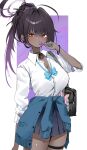  1girl bag black_hair black_skirt blue_archive blue_bow blue_bowtie blue_cardigan bow bowtie breasts candy cardigan cardigan_around_waist cleavage clothes_around_waist cowboy_shot dark-skinned_female dark_skin food gyaru halo high_ponytail highres holding holding_candy holding_food holding_lollipop karin_(blue_archive) large_breasts lollipop long_hair looking_at_viewer mo2upoyo pleated_skirt ponytail purple_halo school_bag school_uniform skirt solo standing thigh_strap yellow_eyes 