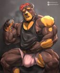 5:6 anthro arm_tuft artist_name bear bench black_clothing black_topwear blush bottle bottomwear brown_body brown_fur brown_hair brown_nipples bulge cheek_tuft clothed clothing container detailed_bulge elbow_tuft eyes_closed facial_tuft front_view fur genital_outline hair hat headgear headwear hi_res holding_bottle holding_container holding_object johnthelewd_art male male_anthro mammal markings multicolored_hair muscular muscular_anthro muscular_male nipples on_bench open_mouth orange_markings overweight overweight_anthro overweight_male patreon patreon_logo pecs penis_outline pink_bottomwear pink_clothing red_clothing red_hat red_headwear shoulder_tuft simple_background sitting solo text topwear tuft two_tone_hair white_hair x_logo
