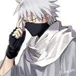  1boy adjusting_eyewear black_eyes black_gloves black_mask fingerless_gloves glasses gloves hand_on_eyewear hand_up hatake_kakashi iko_831 male_focus mask mouth_mask naruto_(series) ninja_mask official_alternate_costume one_eye_closed robe scar scar_across_eye scar_on_face scarf short_hair simple_background solo twitter_username white_background white_hair white_robe white_scarf 