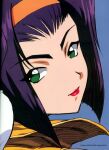  1girl artist_collaboration artist_name artist_request blue_background cowboy_bebop faye_valentine green_eyes hairband kanno_hiroki lipstick makeup non-web_source official_art orange_hairband portrait purple_hair shirt short_hair simple_background smile solo third-party_source yellow_shirt 