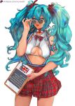  absurdres alva_(artofalva) aqua_hair breasts choker cleavage hair_ornament hair_scrunchie hatsune_miku highres pen plaid_clothes plaid_skirt red_lips red_skirt revealing_clothes school_uniform scrunchie skirt sleeveless sunglasses suspenders thighs union_jack united_kingdom vocaloid 