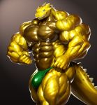  anthro big_muscles brown_body brown_skin bulge clothing gradient_background green_jockstrap huge_muscles jockstrap kiltio_(kuroma) kuroma lizard looking_at_viewer male multicolored_body muscular muscular_anthro muscular_male nipples portrait reptile scalie simple_background solo three-quarter_portrait three-quarter_view two_tone_body underwear veiny_muscles yellow_body yellow_skin 