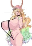 absurd_res big_breasts biped black_clothing black_swimwear blonde_hair blue_hair breasts clothed clothing eyes_closed female green_hair hair hi_res horn horned_humanoid huge_breasts humanoid humanoid_pointy_ears lemonbizate miss_kobayashi&#039;s_dragon_maid multicolored_hair one-piece_swimsuit pointy_ears quetzalcoatl_(dragon_maid) skimpy sling_bikini smile solo swimwear thick_thighs