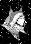  1boy absurdres artist_name black_eyes deko_(pixiv13085538) facial_hair gloves golden_kamuy greyscale gun highres hood looking_at_viewer lynx_(animal) male_focus monochrome ogata_hyakunosuke outdoors scar scar_on_cheek scar_on_face snowing solo stubble weapon 