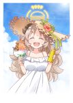  1girl :d ^_^ bare_shoulders blue_archive blue_sky bottle breasts brown_hair brown_hat closed_eyes cloud commentary_request day dress facing_viewer flower food frilled_dress frills halo harada_(sansei_rain) hat hat_flower highres holding holding_bottle horns izumi_(blue_archive) large_breasts long_hair off-shoulder_dress off_shoulder outdoors parted_bangs pink_nails red_flower shaved_ice short_eyebrows sky smile solo straw_hat teeth thick_eyebrows upper_teeth_only very_long_hair white_dress 