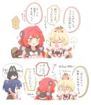  0_0 3girls alice_thymefield animal_ears belle_(zenless_zone_zero) black_gloves black_sailor_collar blonde_hair blue_hair blush bow bowtie closed_eyes collared_shirt commentary_request cropped_torso fingerless_gloves fox_ears gloves green_eyes hoshimi_miyabi long_hair multiple_girls nose_blush open_mouth puff_of_air rabbit_ears rebecca_(keinelove) red_hair sailor_collar shirt short_hair simple_background speech_bubble spoken_character translation_request ukinami_yuzuha white_background white_bow white_bowtie white_shirt zenless_zone_zero 