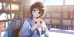  1girl autumn_leaves blue_reflection_(series) blue_reflection_sun blue_sailor_collar blurry blurry_background book bookmark bookshelf brown_eyes brown_hair chair closed_mouth collarbone day elbow_on_table fingernails game_cg glasses head_tilt highres indoors kishida_mel leaf library long_sleeves looking_at_viewer non-web_source official_art on_chair round_eyewear sailor_collar school_uniform serafuku shirt sitting smile solo table takaoka_yukiko white_shirt window wooden_chair 