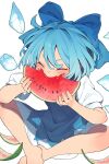  1girl ^_^ absurdres bare_legs barefoot blue_bow blue_dress blue_hair blush bow cirno closed_eyes commentary_request detached_wings dress eating feet_out_of_frame food fruit garasuno hair_bow highres holding holding_food holding_fruit holding_watermelon ice ice_wings indian_style pinafore_dress shirt short_hair short_sleeves simple_background sitting sleeveless sleeveless_dress solo tan tanned_cirno touhou watermelon white_background white_shirt wings 