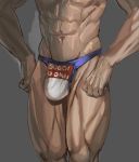  1boy abs bow_(bhp) bulge flexing grey_background hands_on_hips head_out_of_frame lower_body male_focus male_swimwear muscle navel original parody pose simple_background sketch solo standing sugoi_dekai swim_briefs swimwear thighs veins 