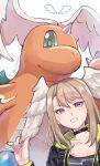  1girl asymmetrical_bangs black_choker blue_eyes brown_hair choker collarbone commentary dragonite eunie_(xenoblade) green_eyes green_pupils hair_between_eyes head_wings highres horns laolin_nla long_hair looking_at_viewer mega_dragonite mega_pokemon parted_bangs pokemon pokemon_(creature) single_horn smile solo symbol-only_commentary trait_connection white_background wings xenoblade_chronicles_(series) xenoblade_chronicles_3 