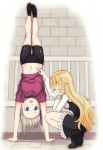  2girls ^_^ ange_(princess_principal) belly_poke bike_shorts blonde_hair blue_eyes closed_eyes commentary_request handstand long_hair multiple_girls navel niina_ryou princess_(princess_principal) princess_principal purple_shirt school_uniform shirt shoes short_hair squatting wavy_hair 