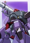  absurdres aiming bazooka_(gundam) commentary_request dom_(mobile_suit) glowing glowing_eye gradient_background gundam highres holding holding_weapon machinery mecha mecha_focus mobile_suit mobile_suit_gundam no_humans one-eyed purple_background red_eyes robot sangyou_haikibutsu_a science_fiction scope solo weapon zeon 