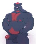 5:6 absurd_res anthro arm_hair artist_name balls belly_hair black_nose blue_balls blue_body blue_fur blue_penis body_hair chest_hair erection facial_hair foreskin front_view fur genitals glistening glistening_eyes goatee grin hair hand_on_hip hi_res humanoid_genitalia humanoid_penis johnthelewd_art looking_at_viewer male male_anthro markings muscular muscular_anthro muscular_male narrowed_eyes nude overweight overweight_anthro overweight_male patreon patreon_logo penis portrait red_eyes red_hair red_markings short_hair simple_background smile solo standing text three-quarter_portrait white_background x_logo