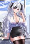  1girl absurdres alternate_costume azur_lane black_bra black_skirt black_streaks blue_sky bra bra_peek breasts brown_thighhighs cleavage cloud cloudy_sky collarbone collared_shirt cross cross_necklace day elbe_(azur_lane) highres holding holding_pen indoors jewelry large_breasts long_hair long_sleeves miniskirt multicolored_hair necklace office_lady partially_unbuttoned pen purple_eyes rei_tuki shirt skirt sky solo thighhighs twintails two-tone_hair underwear very_long_hair white_hair white_shirt window wing_collar zettai_ryouiki 