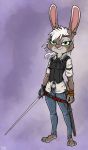  anthro belt ear_piercing ear_ring female fur green_eyes grey_body grey_fur hair hi_res kiren_saga lagomorph leporid mammal melee_weapon piercing rabbit scar solo sword valkeyrie_constantine weapon white_hair wristband ziegelzeig 