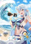  1girl ahoge beach bikini blue_bikini blue_hair blush cowboy_shot dumbbell heart heart_ahoge highres holding holding_dumbbell hololive holonatsu_paradise long_hair muscular ocean one_eye_closed open_mouth rokushiki_nitoro sand solo_focus striped_bikini striped_clothes surfing swimsuit virtual_youtuber water waves wet white_bikini yellow_eyes yukihana_lamy yukimin_(yukihana_lamy) 