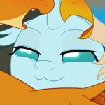  &gt;:3 1:1 :3 absurd_res arthropod avian beak blue_body blue_feathers changeling dragon fangs feathers female fingers friendship_is_magic gallus_(mlp) gryphon half-closed_eyes hasbro hi_res kissing male marenlicious my_little_pony mythological_avian mythology narrowed_eyes ocellus_(mlp) orange_body smolder_(mlp) tan_body tan_feathers tongue 