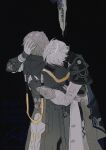 2boys arm_armor armor artist_name back black_background black_coat black_gloves blue_cape caelus_(honkai:_star_rail) cape coat commentary_request cowboy_shot fingerless_gloves fingernails gloves grey_hair hand_on_another&#039;s_back hand_on_another&#039;s_head honkai:_star_rail honkai_(series) hood hooded_coat hug jacket long_sleeves male_focus multiple_boys phainon_(honkai:_star_rail) puffy_long_sleeves puffy_sleeves rowya short_hair shoulder_armor simple_background single_glove speech_bubble standing sun_symbol trailblazer_(honkai:_star_rail) translated two-sided_cape two-sided_fabric watermark white_hair white_jacket yellow_cape 