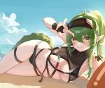  1girl antenna_hair arknights bangs bare_shoulders bikini black_bikini black_gloves blue_sky breasts bsmycc chinese_commentary cloud commentary_request day fingerless_gloves gavial_(arknights) gloves green_hair hair_between_eyes highres large_breasts long_hair looking_at_viewer lying navel on_side outdoors pointy_ears sky smile solo stomach swimsuit thigh_strap thighs underboob yellow_eyes 