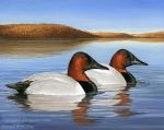  acrylic_painting_(artwork) ambiguous_gender anatid anseriform avian beak bird cayuga_canvasbacks duck duo feral floating nambroth painting_(artwork) red_eyes traditional_media_(artwork) water 