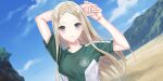  1girl arms_up beach blonde_hair blue_reflection_(series) blue_reflection_sun blue_sky breasts closed_mouth cloud day dutch_angle emblem forehead game_cg green_eyes green_shirt hand_grab highres kishida_mel long_hair looking_at_viewer medium_breasts morisaki_alesia_yu mountain non-web_source official_art outdoors own_hands_together parted_bangs shirt short_sleeves sky solo t-shirt two-tone_shirt upper_body wavy_mouth white_shirt 