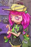  absurdres colored_eyelashes drooling green_eyes green_highlights harmony&#039;s_clownfish_(splatoon) harmony_(splatoon) hat highres liamickpie looking_at_viewer miniskirt mouth_drool open_mouth pink_hair pink_pupils saliva sea_anemone shop skirt splatoon_(series) splatoon_3 striped_hat stuffed_toy tentacle_hair yellow_hat yellow_skirt 