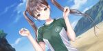  1girl azumi_nanaka beach blue_reflection_(series) blue_reflection_sun blue_sky breasts brown_eyes brown_hair closed_mouth cloud day dutch_angle emblem game_cg green_shirt hands_up head_tilt highres kishida_mel large_breasts long_hair looking_at_viewer mountain non-web_source official_art outdoors shirt short_sleeves sidelocks sky smile solo swept_bangs t-shirt twintails two-tone_shirt upper_body very_long_hair white_shirt 