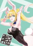 1girl :d alternate_costume animal_ear_hairband animal_ears armpits arms_up black_leotard blonde_hair blue_bow blue_bowtie bow bowtie braid breasts bunny_day cleavage fake_animal_ears fake_tail green_eyes hair_between_eyes hairband highleg highleg_leotard large_breasts leafa_(sao) leotard long_hair looking_at_viewer neko3 open_mouth outline playboy_bunny ponytail rabbit_ear_hairband rabbit_ears rabbit_pose rabbit_tail smile solo sword_art_online tail twin_braids twitter_username very_long_hair white_outline wrist_cuffs 