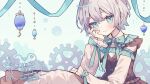  1girl blue_background blue_bow blue_bowtie blue_eyes blush bow bowtie brown_dress closed_mouth commentary_request detached_sleeves dress gears grey_hair highres hisuiyasai indie_virtual_youtuber long_sleeves looking_at_viewer shiina_nanashi short_hair sleeve_bow sleeveless sleeveless_dress smile solo upper_body virtual_youtuber watermark white_sleeves 