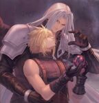 2boys aqua_eyes arm_around_waist armor armored_gloves ball bandaged_arm bandages belt black_gloves black_jacket black_wings blonde_hair brown_belt closed_mouth cloud_strife final_fantasy final_fantasy_vii final_fantasy_vii_rebirth final_fantasy_vii_remake gloves grey_hair hair_between_eyes highres holding holding_ball jacket long_bangs long_hair materia multiple_boys parted_bangs pauldrons sephiroth short_hair shoulder_armor single_bare_shoulder single_pauldron single_wing sleeveless sleeveless_turtleneck smile spiked_hair suspenders turtleneck upper_body wings yakakaer yaoi 