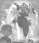  breasts claws duo english_text eyewear faputa female goggles humanoid machine made_in_abyss male midriff monochrome multi_arm multi_limb narehate navel nipples official_art regu robot small_breasts text thinking 