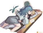  2girls arms_up artist_name bare_shoulders blonde_hair blue_hair chair coat dress feet_out_of_frame green_eyes grey_dress half-closed_eyes hand_on_another&#039;s_cheek hand_on_another&#039;s_face highres hissabeth jacket kiss long_hair lying lying_on_person multiple_girls off_shoulder on_back on_stomach on_table pants paper pencil_dress plant pointer_(reverse:1999) potted_plant profile reverse:1999 short_dress table vispersss white_background white_coat white_jacket white_pants yuri 